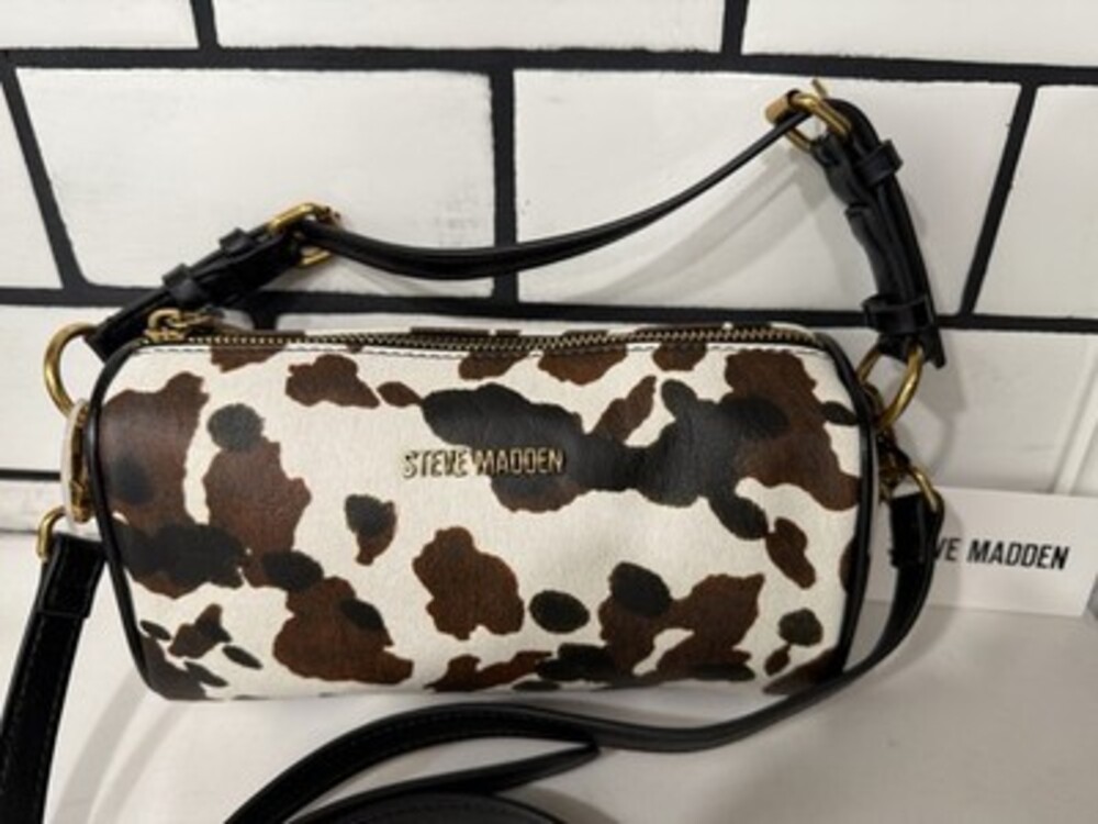 NWT Steve Madden Cow Print Barrel Crossbody Bag Brown White Cylinder Handbag - Picture 2 of 8